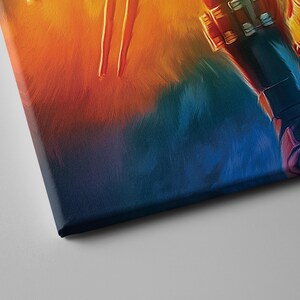 May include: An abstract painting on canvas with a vibrant color palette. The artwork features a blend of orange, red, and blue hues, creating a dynamic and energetic composition. The brushstrokes are visible, adding texture and depth to the piece.