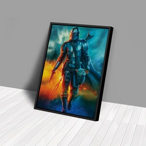 May include: Framed artwork featuring a digital painting of a character in a helmet and armor, holding a weapon. The character is set against a backdrop of orange, blue, and teal hues. A small creature is visible on the character's chest.