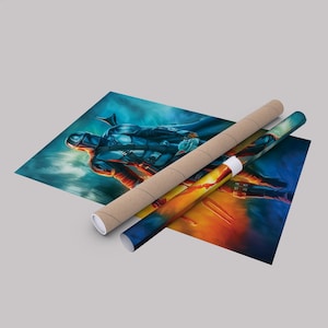 May include: Artwork featuring a character in dark blue armor, set against a vibrant blue and orange background. Two rolled posters, one brown and one blue, are positioned near the artwork, suggesting a print or poster.