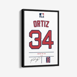 May include: Framed canvas art featuring a Boston Red Sox jersey with the name "ORTIZ" and the number "34" in red. The MLB logo is at the top, with the team name and signature at the bottom. The canvas is framed in black.