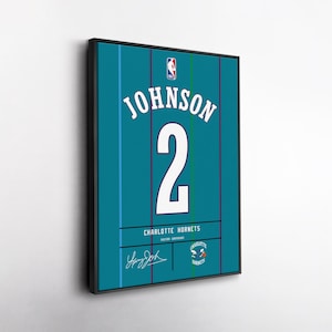 Larry Johnson Charlotte Hornets Jersey Art, NBA Wall Decor, Canvas Print, Framed Poster, Basketball Fan Decor, Sports Room