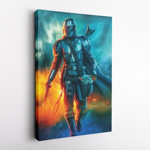 May include: A canvas print of The Mandalorian, a character from the Star Wars franchise, walking forward. The artwork features the character in his armor, holding a weapon and a small creature. The background has a mix of blue, orange, and yellow hues.
