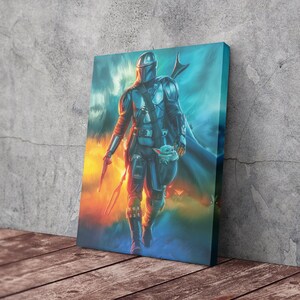 May include: Canvas art print featuring a detailed illustration of a character in dark armor, holding a weapon and a small creature. The artwork has a vibrant color palette with blues, oranges, and greens, set against a textured background.