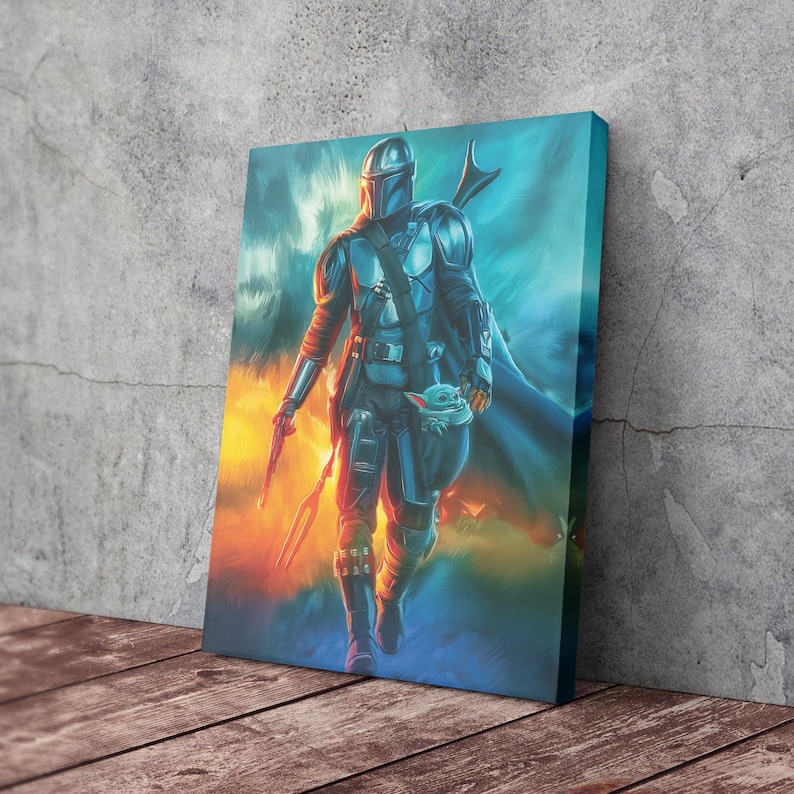 May include: Canvas art print featuring a detailed illustration of a character in dark armor, holding a weapon and a small creature. The artwork has a vibrant color palette with blues, oranges, and greens, set against a textured background.
