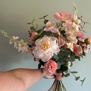 Blush and Peach toned Faux Bridal Bouquet | Realistic and full Bouquet | Peonies, Delphiniums, Roses | Romantic Faux Keepsake bouquet