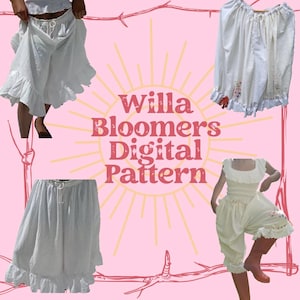 Puede incluir: Se muestran unos bloomers blancos y un top a juego sobre un fondo rosa con un diseño de sol. El texto "Willa Bloomers Digital Pattern" está superpuesto en la imagen. Los bloomers tienen cintura con cordón y dobladillos con volantes.