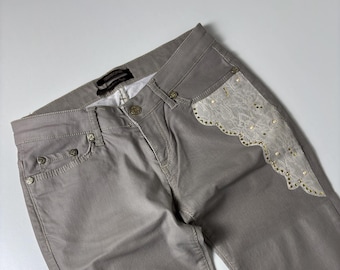 Vintage Roberto Cavalli Y2K Jeans: Beige Lace Rhinestone Skinny Pants