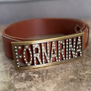 Fornarina Brown Leather Belt with Rhinestone Logo Buckle – Y2K Italian Statement Belt – 100% Leather – Made in Italy – Vintage Style