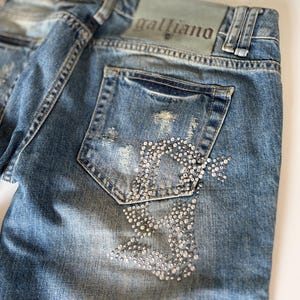 John Galliano Jeans IT29 Italy Made Crystal G Logo Embellished Denim Pants Y2K Distressed Rare Archive Vintage Low Rise Designer Jeans