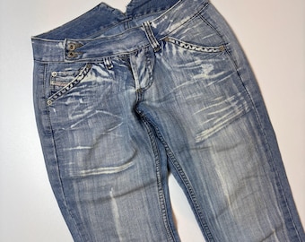 Vintage Diesel Low Rise Belted Slim Fit Blue Denim Jeans Lightweight Thin Fabric Y2K Made in Italy Distressed