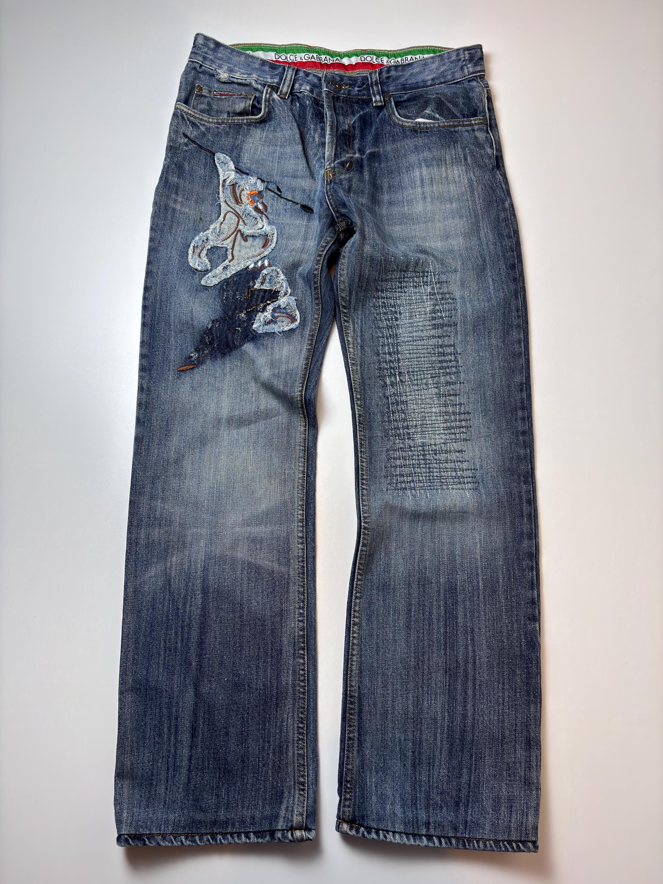 Vintage D&G Embroidered Distressed Jeans 32x34 - Y2K Italy Flag