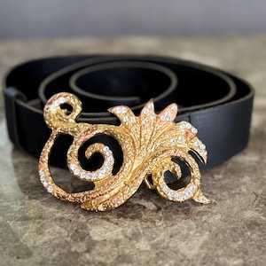 Fornarina Black Leather Belt with Ornate Baroque Gold Buckle – Y2K Crystal Accent Statement Belt – Vintage Italian Designer Accessory Rare