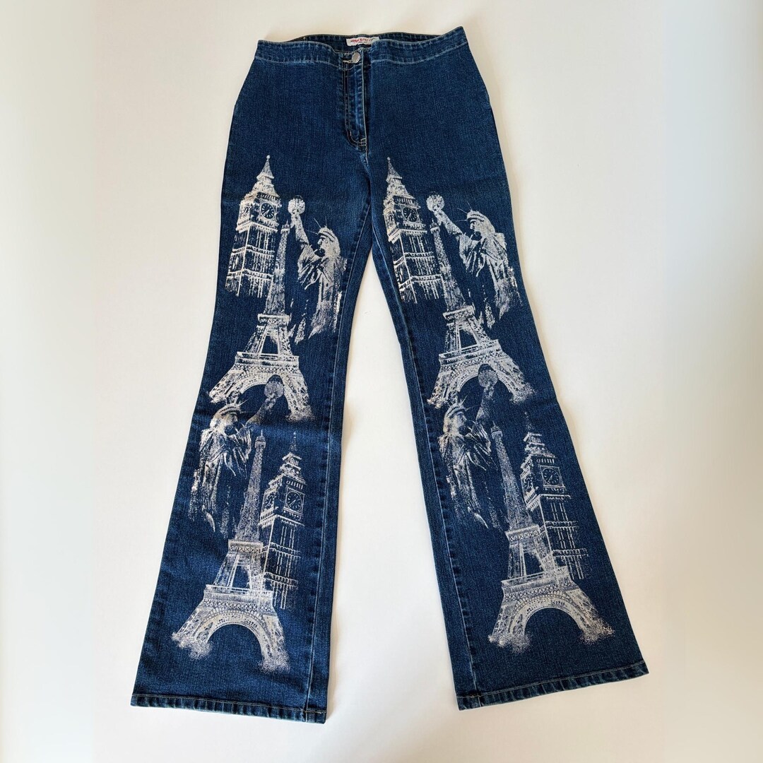 Vintage Miss Sixty Flare Jeans: Eiffel Liberty Print Y2K Denim