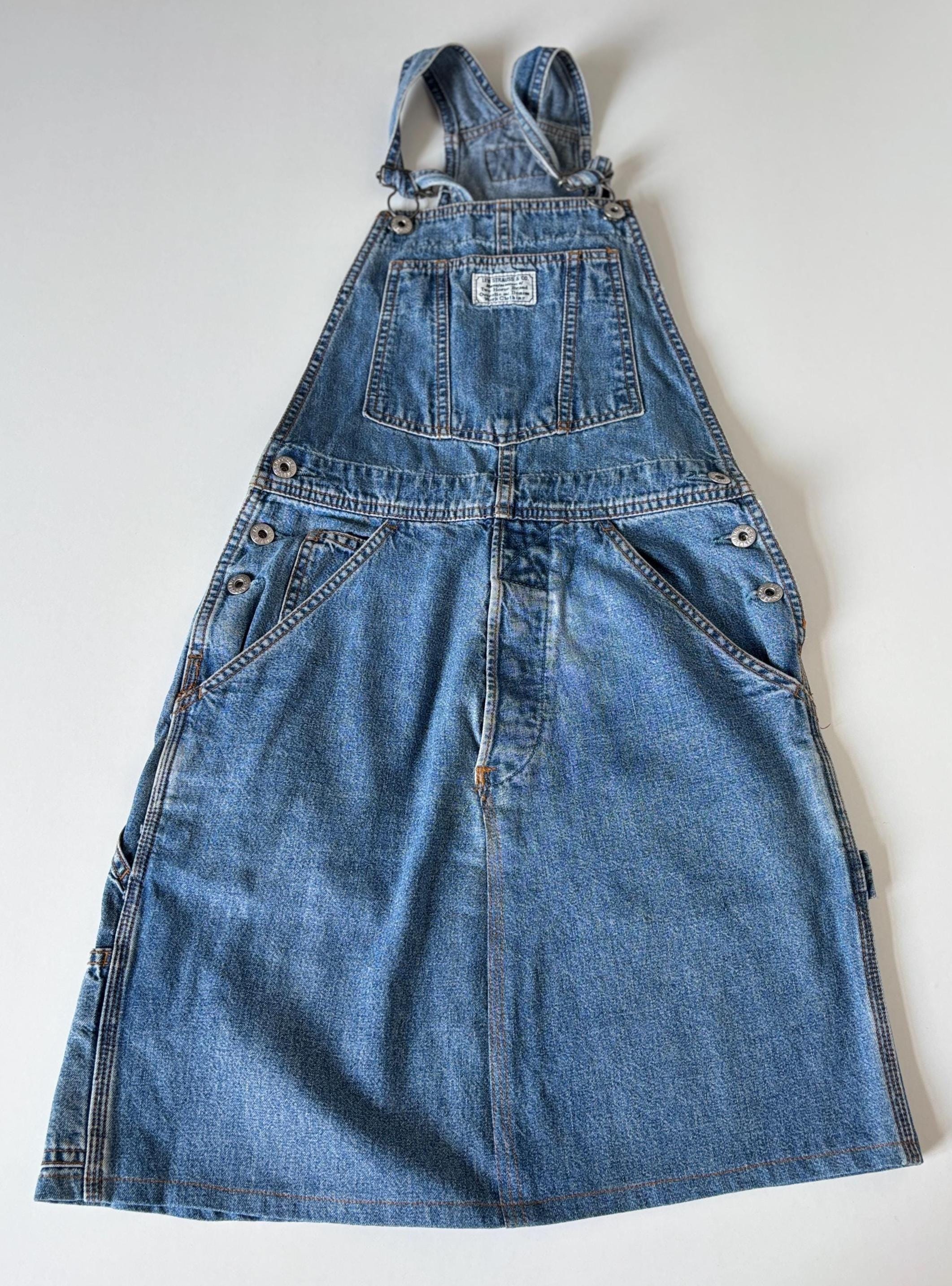 levis denim overall dress Vintage Levi's Denim Overall Dress: 90s Y2K Blue Jean Pinafore
