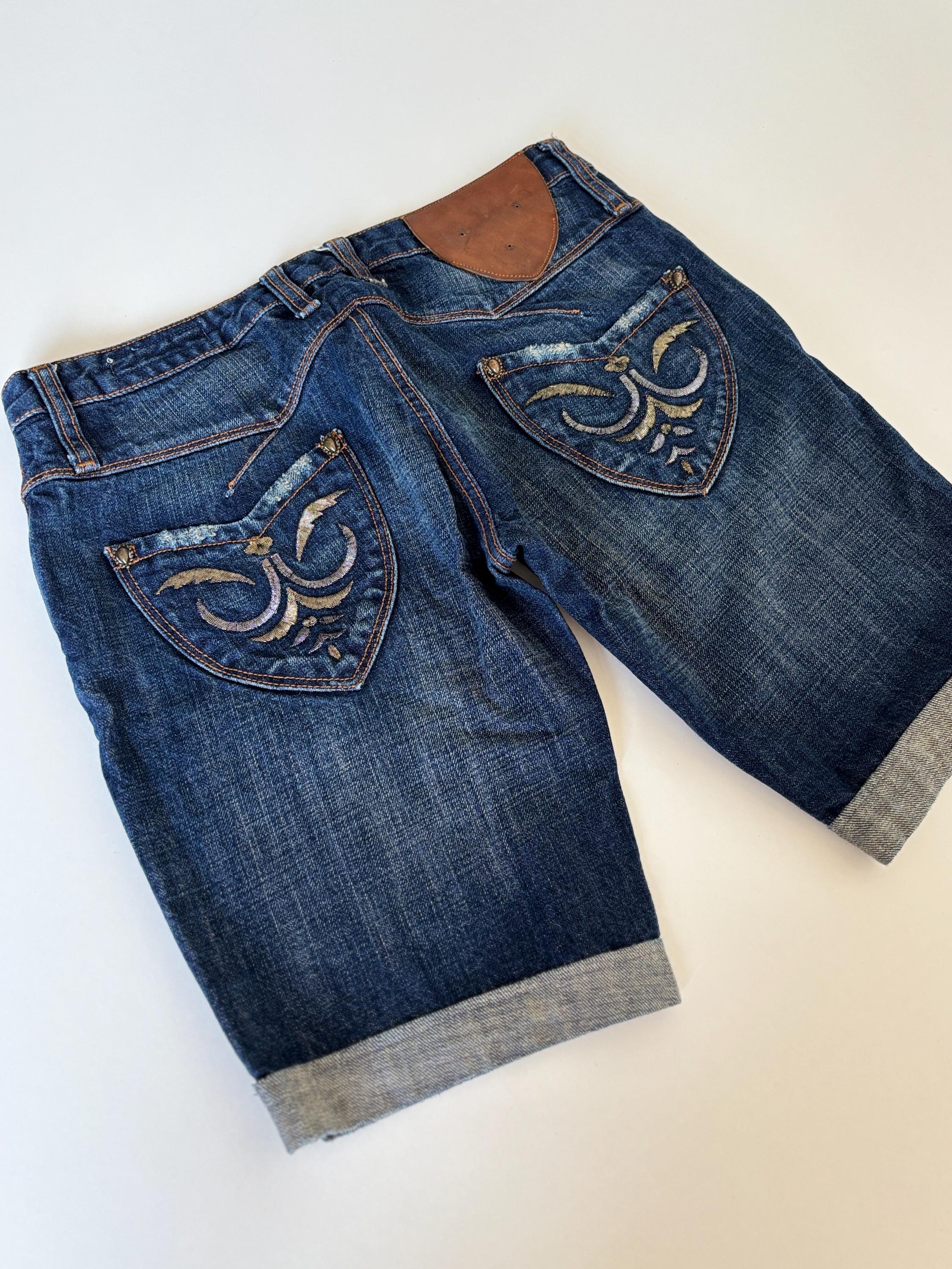 Vintage John Galliano Denim Bermuda Shorts: Embroidered Pockets
