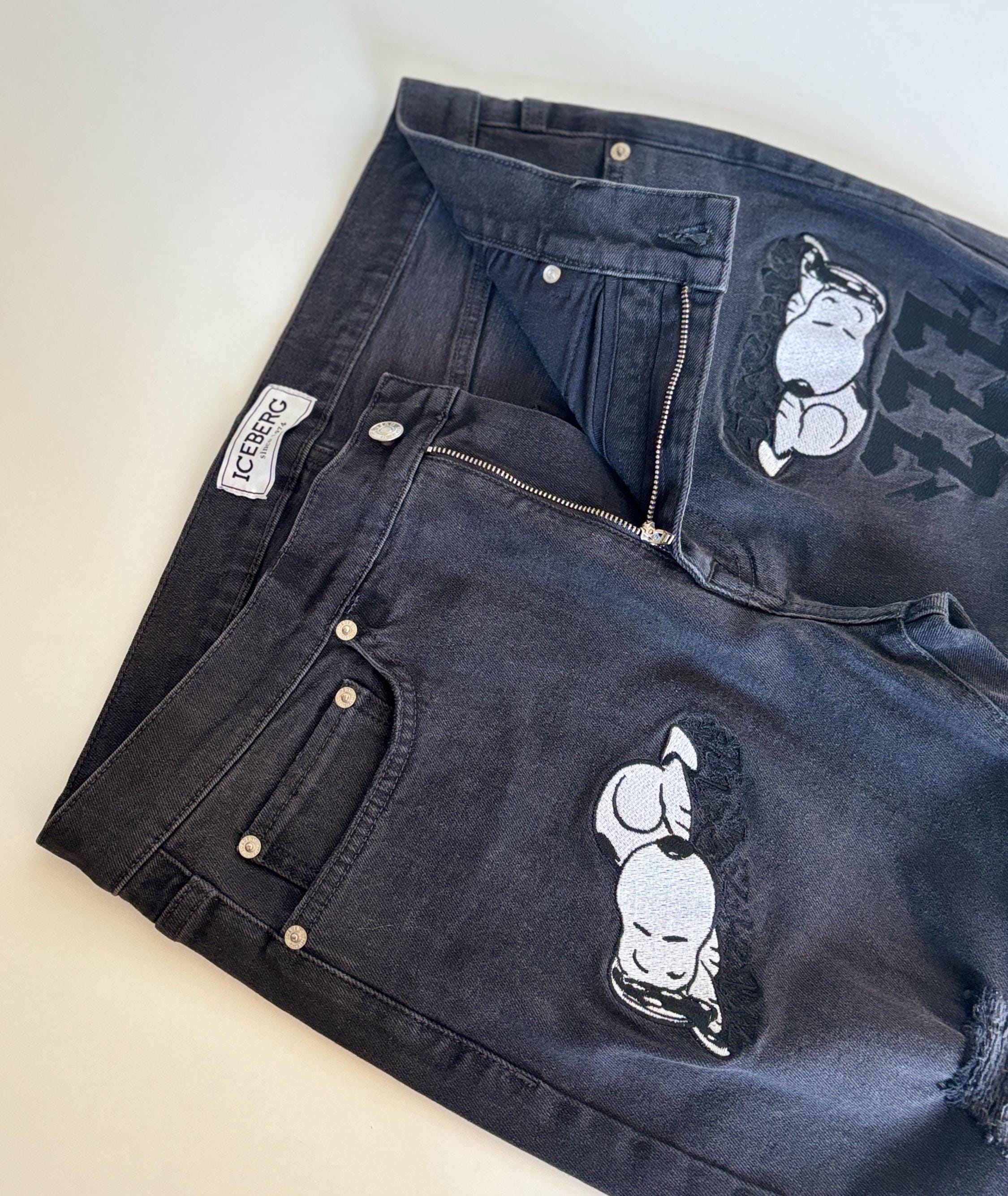 Vintage Iceberg Snoopy Jeans W30: Distressed Black Denim, Italian