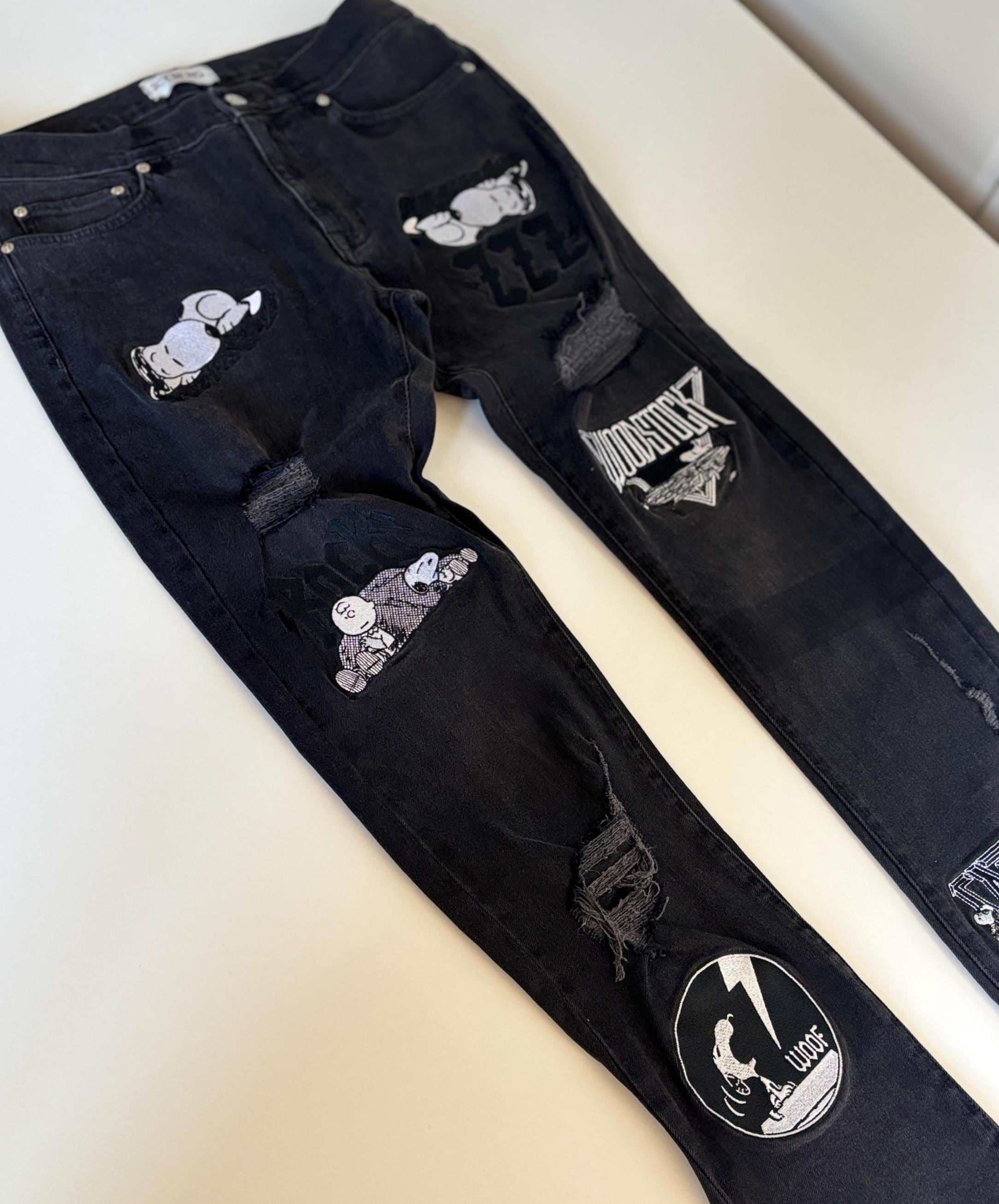 Vintage Iceberg Snoopy Jeans W30: Distressed Black Denim, Italian