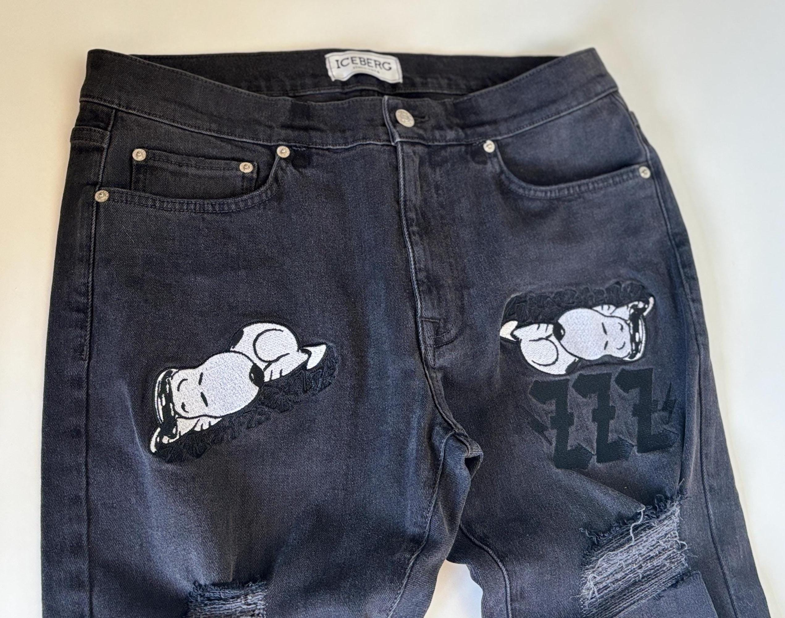 Vintage Iceberg Snoopy Jeans W30: Distressed Black Denim, Italian