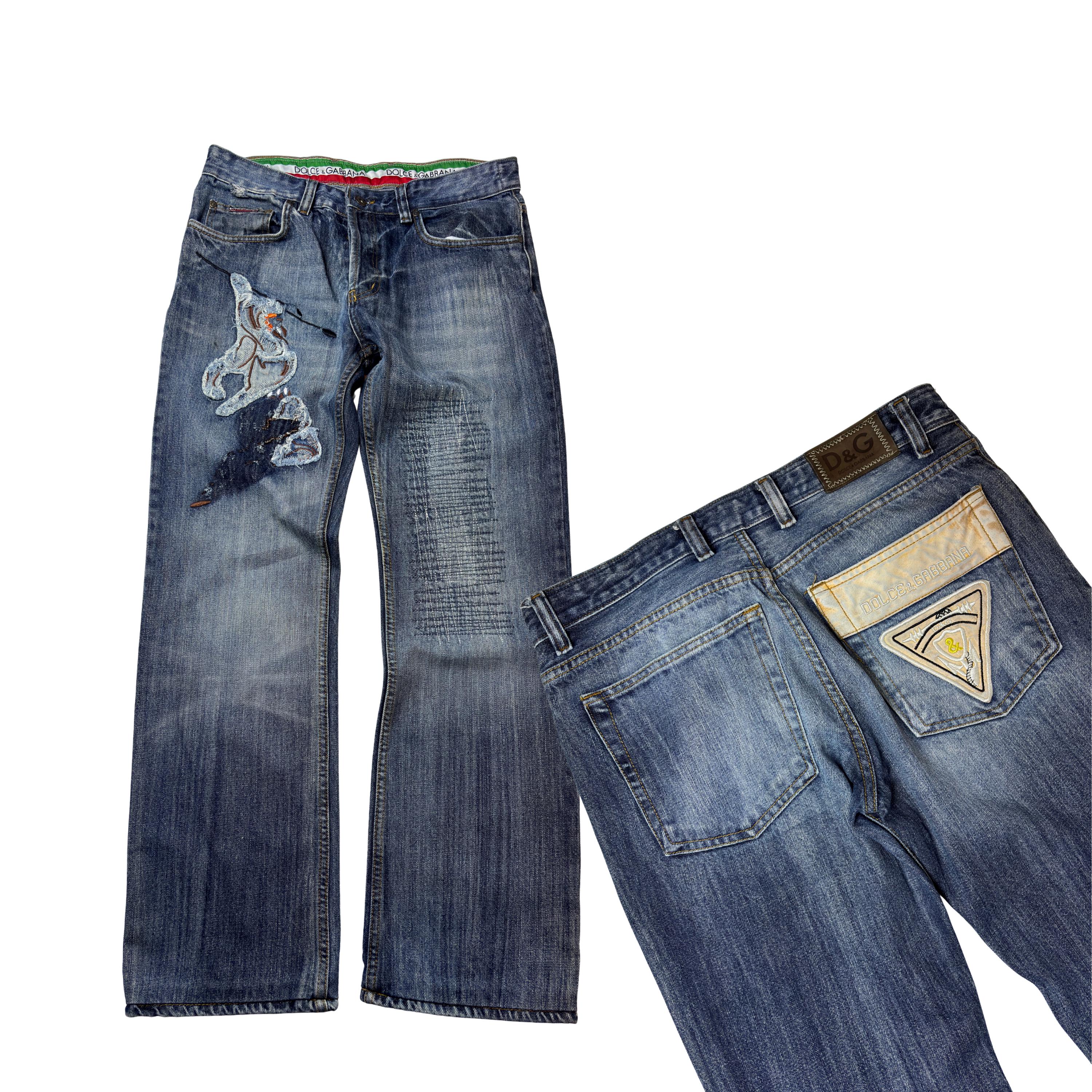 Vintage D&G Embroidered Distressed Jeans 32x34 - Y2K Italy Flag