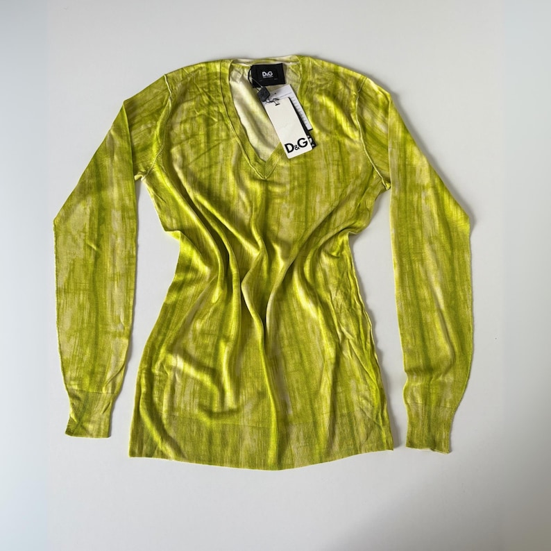 Deadstock D&G Green Silk Top NWT Long Sleeve V Neck 100% Seta Designer Dolce Gabbana Rare Vintage Italian Y2K Archive Shirt