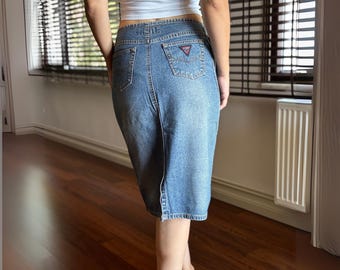 Vintage Guess Made in USA Denim Skirt Size 32 Made in USA Y2K 90s High Waist Back Slit Distressed Wash Triangle Logo Patch Raw Hem Details