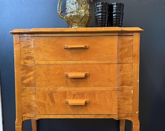Vintage Wooden Chest of Drawers • 1940s Dresser • Curved Front • Scandinavian Art Deco Cabinet