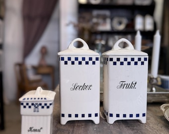 Vintage Blue White Ceramic Storage Jars Set | Scandinavian Nordic Kitchen Canisters