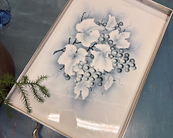 Vintage Grape Serving Tray – Alpaca Silver & Glass – Mid Century Table Decor