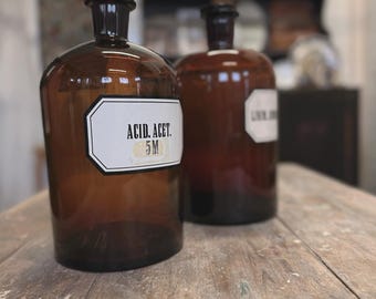 Vintage Amber Apothecary Bottles Set of 2 – Antique Pharmacy Glass Jars with Labels