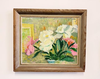 Vintage Scandinavian Floral Oil Painting (60 × 68 cm) - Wooden frame