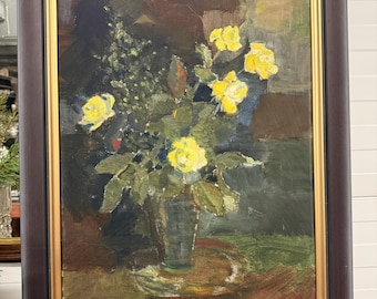 Vintage Yellow Roses Oil Painting – Framed Nordic Still Life Art
