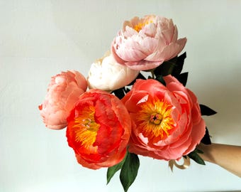 May include: A bouquet of paper peonies in shades of pink, coral, and peach, with bright yellow centers. The flowers have green leaves and are held against a white background.
