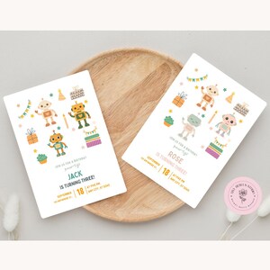 Cute Mini Robots Birthday Invitation Template – Editable Kids Party Invite – Robots Theme Card – Download PDF