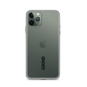 May include: Clear phone case with the word "GRIND" printed vertically in black. The phone case is on a green phone with three camera lenses. The Apple logo is visible.