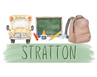 Back to School Name Plate PNG | Custom Classroom Name Tag | School Bus, Chalkboard, Backpack Graphic | Editable Design