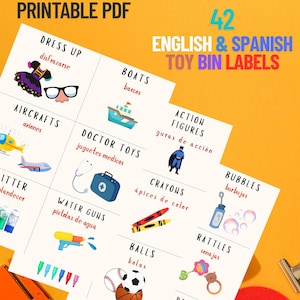 Etichette bilingue per giocattoli per aule, sale giochi, asili nido. Schede stampabili per contenitori di giocattoli educativi e visivi per bambini (inglese/spagnolo)