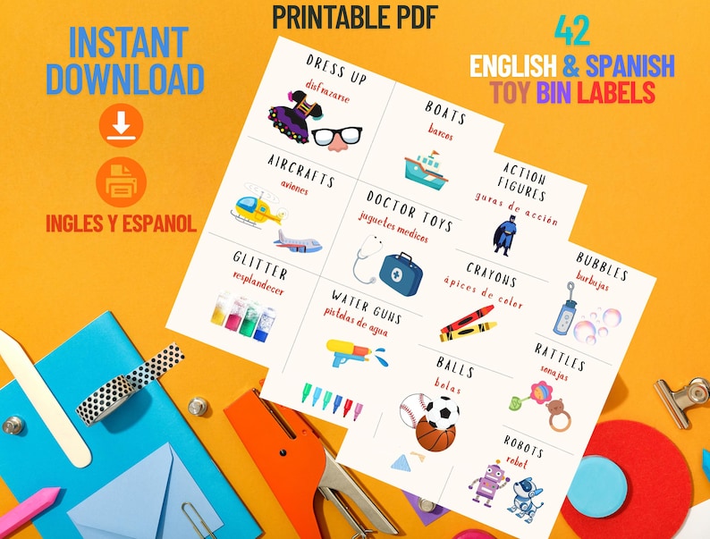 Bilingual Toy Bin Labels, English & Spanish, Classroom Printable (PDF ...