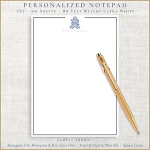 May include: A personalized notepad with a blue border and a gold pen. The notepad is 5x7 inches with 100 sheets of ultra-white paper. The top of the notepad features a monogram and the name "Bentley Addison".