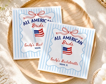 All American Bride Napkins, Patriotic Bachelorette Party Decor, USA Bridal Shower Napkins, Red White Blue Bach Party