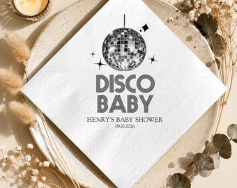Disco Baby Shower Napkins, Personalized Baby Shower Cocktail Napkins, Retro Disco Ball Party Decor, Custom Baby Shower Napkins