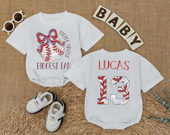 Personalized Little Sister Biggest Fan Baseball Romper, Game Day Baby Girl Outfit