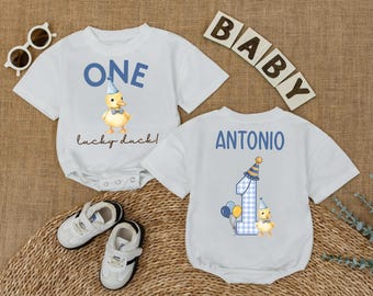 Personalized Rubber Duck Baby Romper, Boy 1st Birthday Outfit, Custom Name Bodysuit