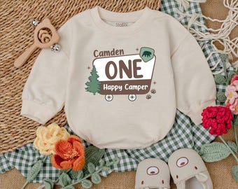 Personalized One Happy Camper Romper, Camping First Birthday Outfit, Adventure Baby Boy Clothes