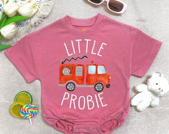 Little Probie Firetruck Romper, Firefighter Baby Clothes, Handmade Cotton Romper