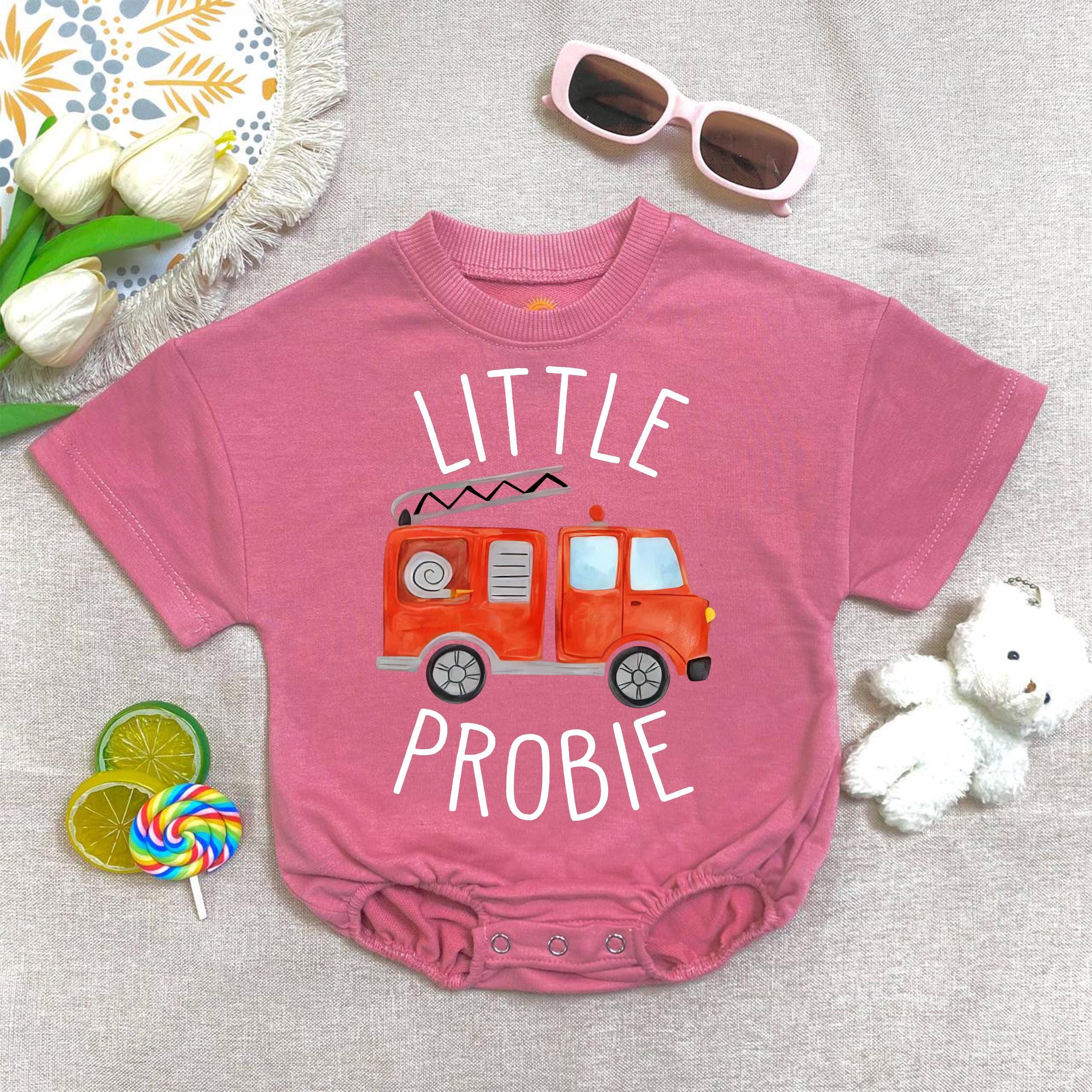 Little Probie Firetruck Romper, Firefighter Baby Clothes, Handmade Cotton Romper