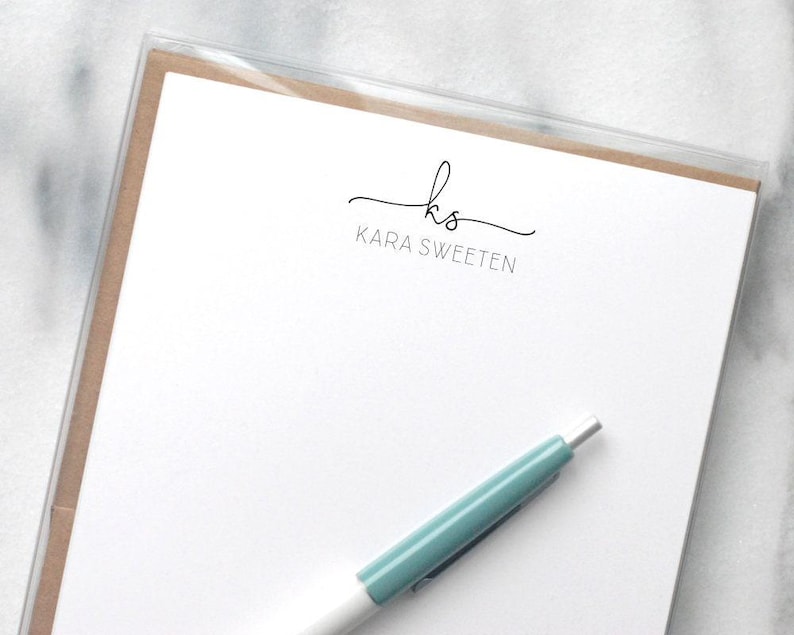 Personalized Stationery Set: Modern Letter Writing Paper with Envelopes, Cursive Initials and All-Caps Name image 4