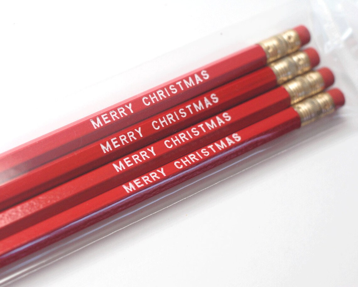 Merry Christmas Pencils Set of 2 or 6 / Red and White Pencils Etsy