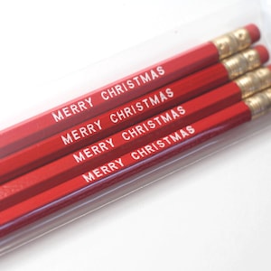 Merry Christmas Pencils Set of 2 or 6 / Red and White Pencils / Teacher Gift / Personalized Pencils / Stocking Stuffer for Kids
