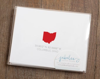 Personalized Folded Notecards with State and City Coordinates  / Choose Your City State Stationary Set / Gift for Buckeye Sports Fan / Ohio