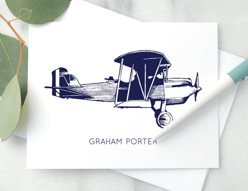 Personalized Airplane Folded Notecards with Name / Vintage Airplane Stationary Note Card Set / Stationery for Pilot / Airplane Gift for Man image 1